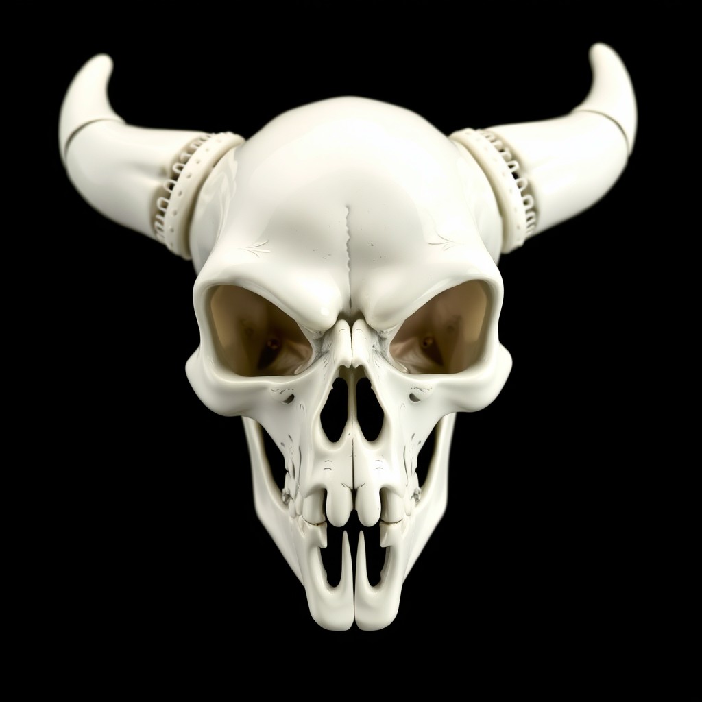 An exquisite art piece featuring a white smiling skull with stylized horns, elegantly positioned against a solid black background