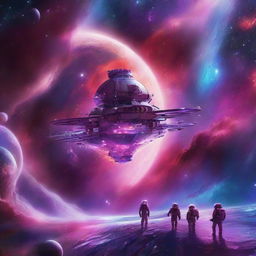 A vibrant galaxy where various space stations float amongst the stars, their occupants glued to their work in spacesuits. The scene is illuminated by an ethereal blend of red, pink, purple, and blue hues.