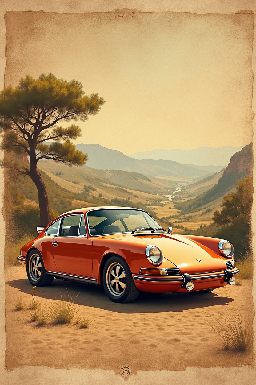 A stunning poster featuring a classic Porsche 911 crafted in the style of Leonardo da Vinci