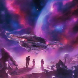 A vibrant galaxy where various space stations float amongst the stars, their occupants glued to their work in spacesuits. The scene is illuminated by an ethereal blend of red, pink, purple, and blue hues.