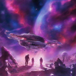 A vibrant galaxy where various space stations float amongst the stars, their occupants glued to their work in spacesuits. The scene is illuminated by an ethereal blend of red, pink, purple, and blue hues.