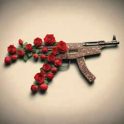 An artistic representation of a jar filled with roses, intricately arranged to form the shape of an AK47.