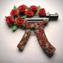 An artistic representation of a jar filled with roses, intricately arranged to form the shape of an AK47.