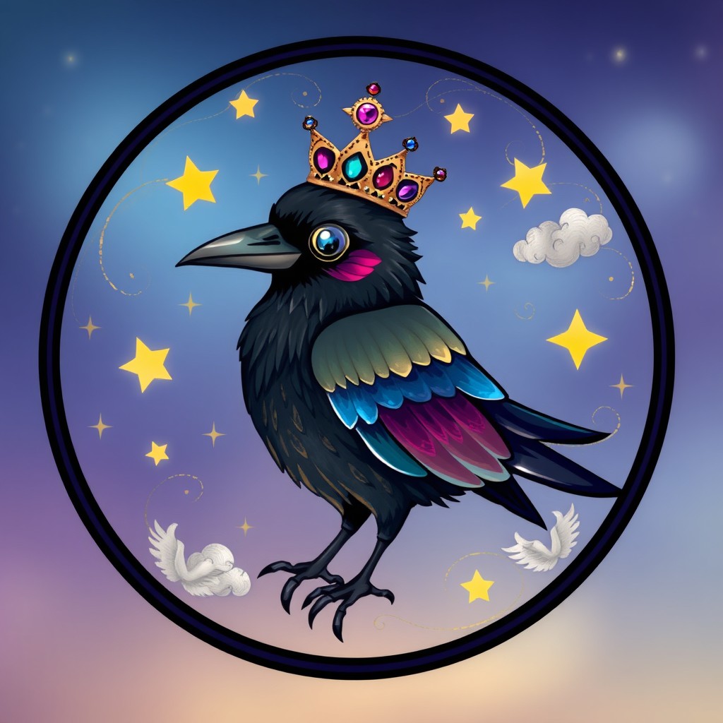 A whimsical crowned crow placed elegantly within a circle, featuring vibrant colors and intricate details