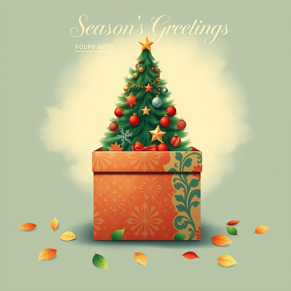 An illustration for a Season's Greetings card design featuring a beautifully wrapped Christmas gift box, split into two halves showcasing the top and bottom