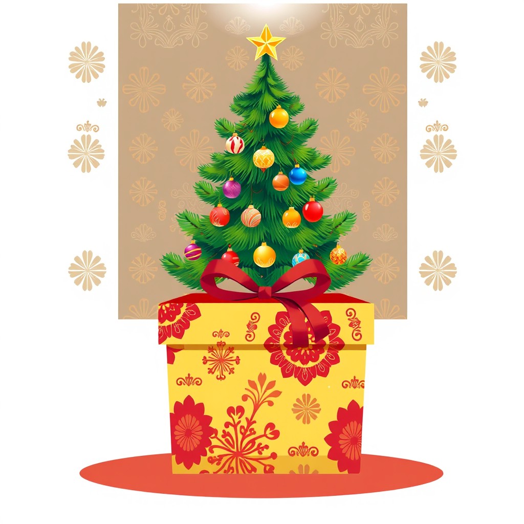 An illustration for a Season's Greetings card design featuring a Christmas gift box split into two halves, showcasing the top and bottom