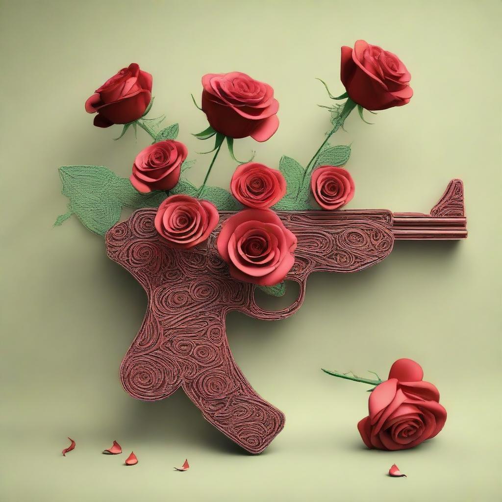 An artistic representation of a jar filled with roses, intricately arranged to form the shape of an AK47.