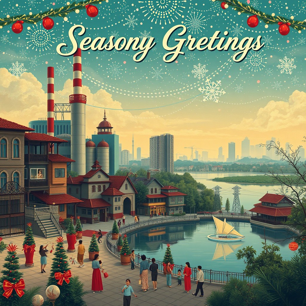 An illustration for a Season's Greetings card design featuring an urban factory scene in Jakarta celebrating Christmas