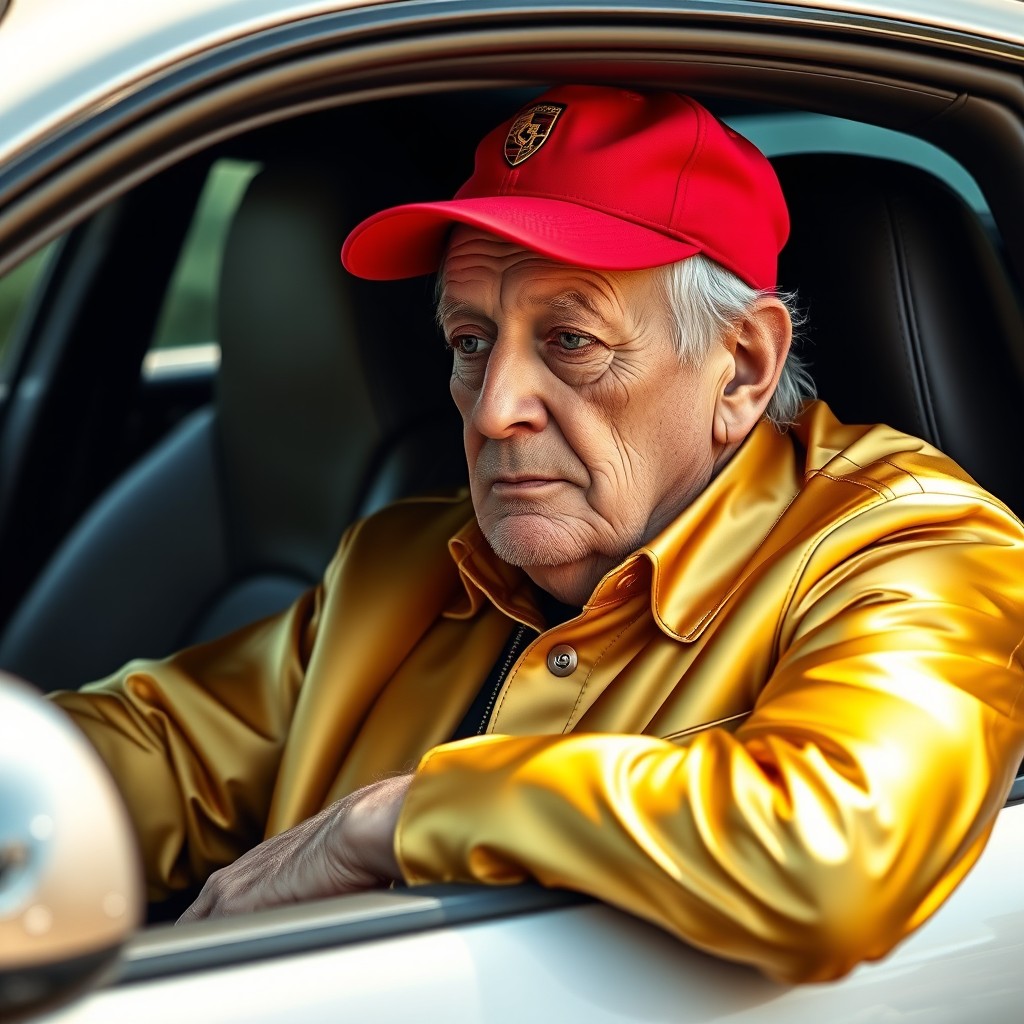 An elderly gentleman dressed in gold attire, wearing a bright red New Era cap, leaning thoughtfully against the window of a luxurious Porsche
