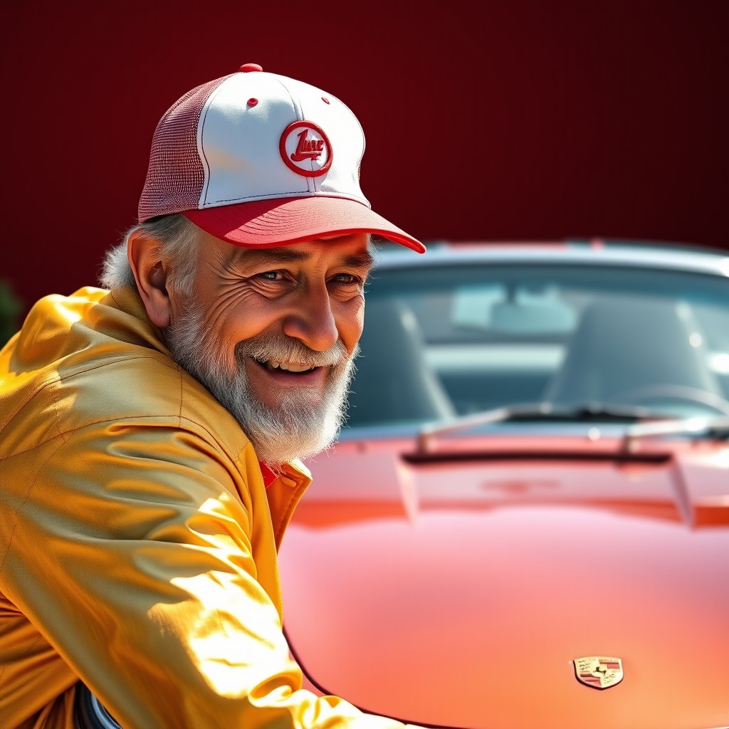 A charming elderly gentleman dressed in golden attire, wearing a red New Era cap, leaning forward with a warm smile in front of a sleek Porsche car