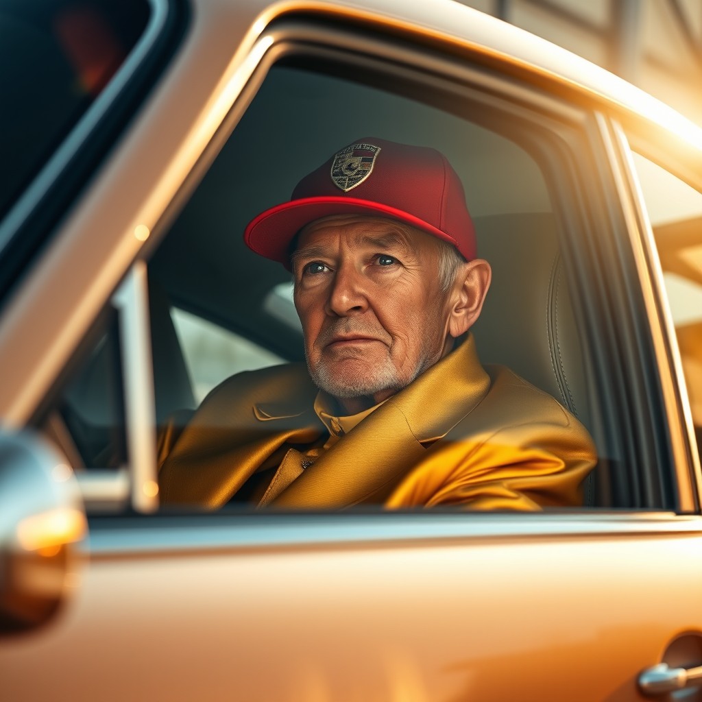 An elderly gentleman dressed in gold attire, wearing a bright red New Era cap, standing and gazing thoughtfully through the window of a luxury Porsche
