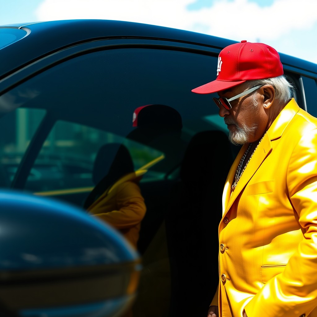 A stylish old man dressed in golden attire wearing a red New Era cap, standing outside, gazing through the tinted window of a sleek Porsche