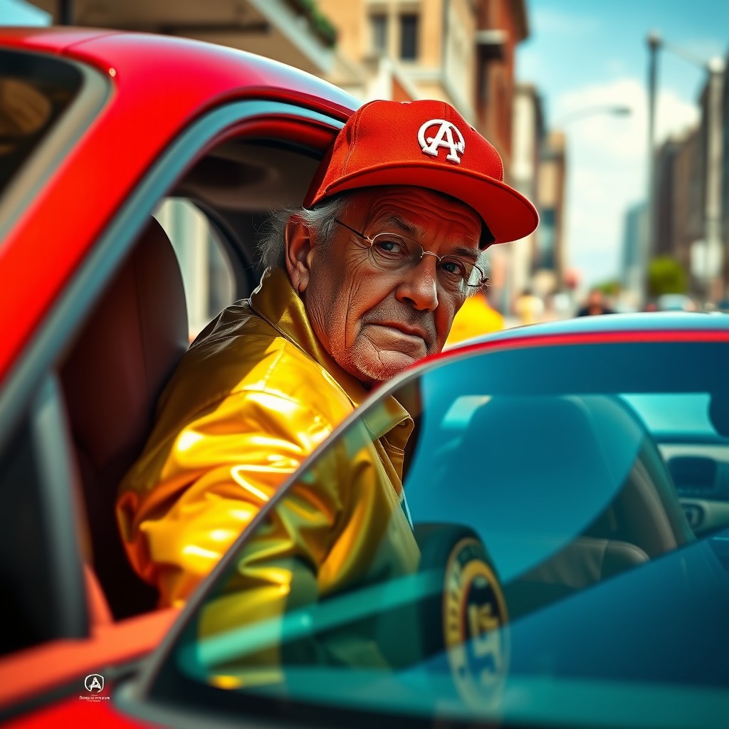 An elderly man dressed in gold, wearing a red New Era cap, standing outside and peering through the window of a sleek Porsche