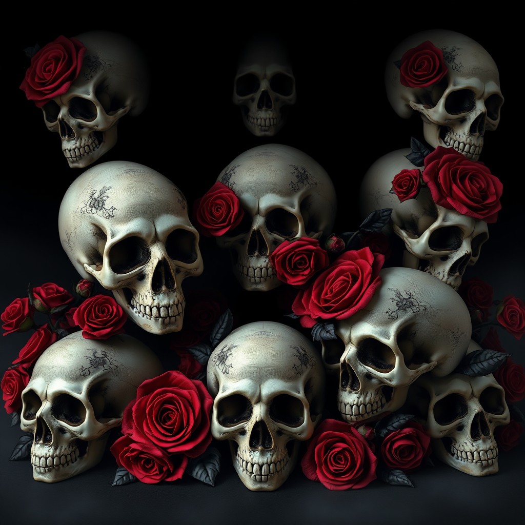 A collection of feminine skulls adorned with intricate, red and black roses, set against a dark, gothic background