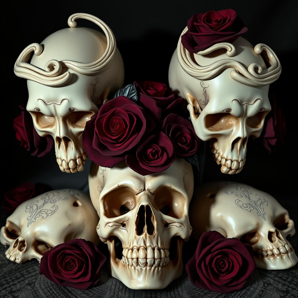 An artistic arrangement of feminine skulls embellished with exquisite roses in a gothic style