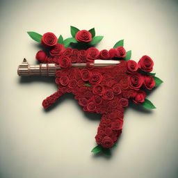 An artistic representation of a jar filled with roses, intricately arranged to form the shape of an AK47.