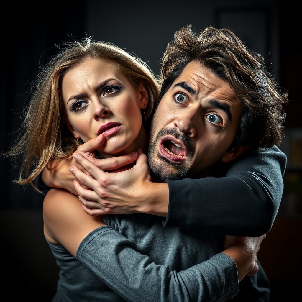 A dramatic scene depicting a strong-willed woman overpowering a man, with her bare hands around his neck, showcasing intense emotion and struggle