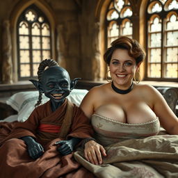 Two characters lying on a double bed in a medieval bedroom, featuring ancient windows