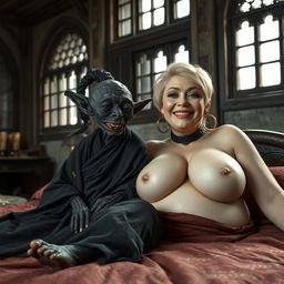 In an ancient medieval palace adorned with old windows, a striking scene is set on a couple-sized bed