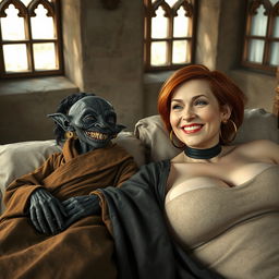 Two figures lying on a medieval double bed in a room with ancient windows