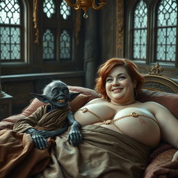 Two characters lying on a double medieval bed in a lavish palace with ancient windows, creating a rich and enchanting environment
