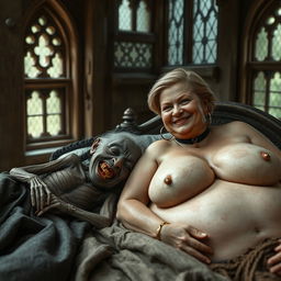 Two characters lying on a double medieval bed in a medieval room with ancient windows, filling the scene with a captivating atmosphere