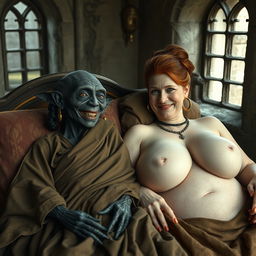 Two figures lying on a medieval double bed in an ancient castle with vintage windows that provide a glimpse of the historic setting