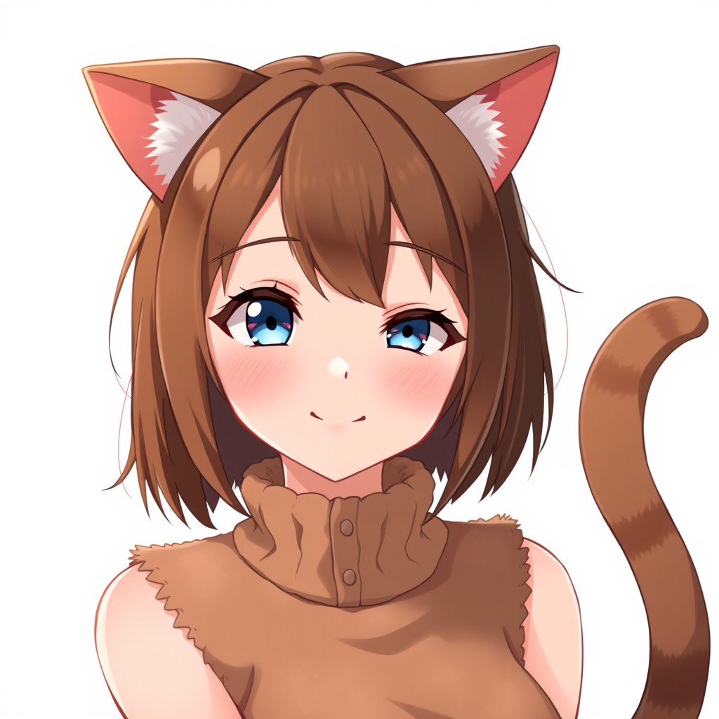 An anime adult woman with stylish brown shoulder-length bob-cut hair, radiant blue eyes that convey a sense of playfulness, complemented by charming brown cat ears perched atop her head and a delightful cat tail swaying behind her