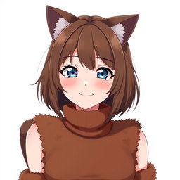 An anime adult woman with stylish brown shoulder-length bob-cut hair, radiant blue eyes that convey a sense of playfulness, complemented by charming brown cat ears perched atop her head and a delightful cat tail swaying behind her