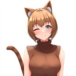 An anime adult woman with stylish brown shoulder-length bob-cut hair, radiant blue eyes that convey a sense of playfulness, complemented by charming brown cat ears perched atop her head and a delightful cat tail swaying behind her