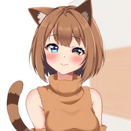 An anime adult woman with stylish brown shoulder-length bob-cut hair, radiant blue eyes that convey a sense of playfulness, complemented by charming brown cat ears perched atop her head and a delightful cat tail swaying behind her