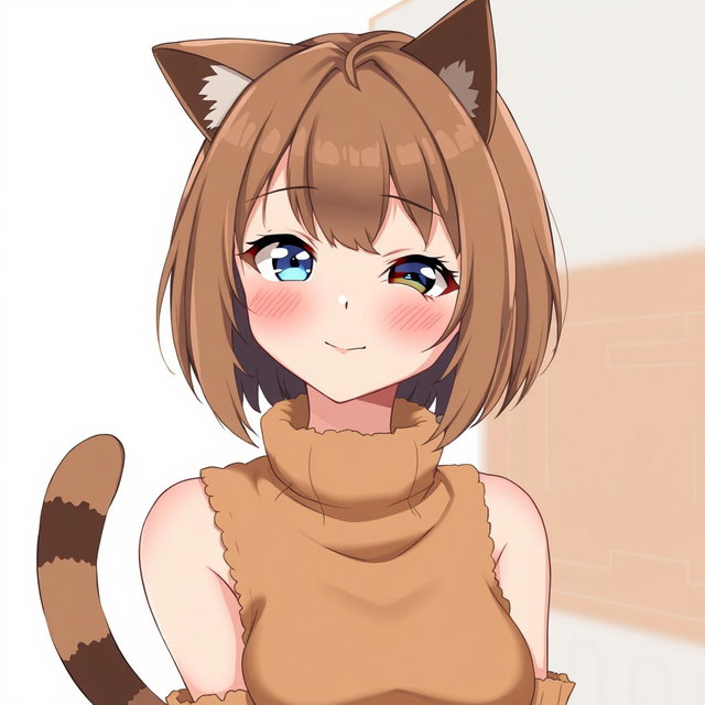 An anime adult woman with stylish brown shoulder-length bob-cut hair, radiant blue eyes that convey a sense of playfulness, complemented by charming brown cat ears perched atop her head and a delightful cat tail swaying behind her