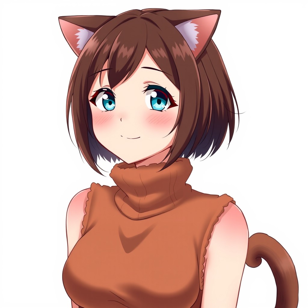 An anime adult woman with stylish brown shoulder-length bob-cut hair, bright blue eyes that twinkle with mischief, and cute brown cat ears adorning her head, complemented by a lively cat tail that sways behind her