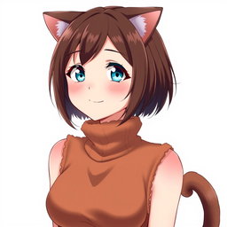 An anime adult woman with stylish brown shoulder-length bob-cut hair, bright blue eyes that twinkle with mischief, and cute brown cat ears adorning her head, complemented by a lively cat tail that sways behind her
