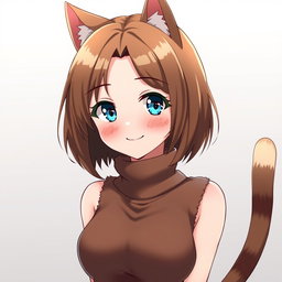 An anime adult woman with stylish brown shoulder-length bob-cut hair, bright blue eyes that twinkle with mischief, and cute brown cat ears adorning her head, complemented by a lively cat tail that sways behind her