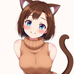 An anime adult woman with stylish brown shoulder-length bob-cut hair, bright blue eyes that twinkle with mischief, and cute brown cat ears adorning her head, complemented by a lively cat tail that sways behind her