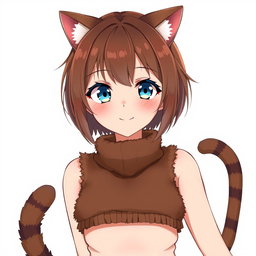 An anime adult woman with stylish brown shoulder-length bob-cut hair, bright blue eyes that twinkle with mischief, and cute brown cat ears adorning her head, complemented by a lively cat tail that sways behind her