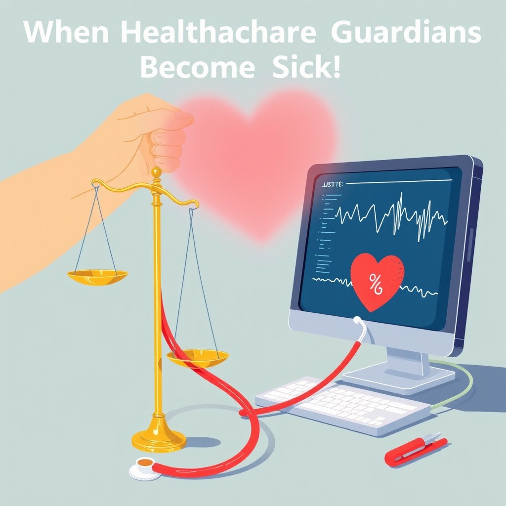 An illustration capturing the paradox of healthcare professionals titled "When Healthcare Guardians Become Sick