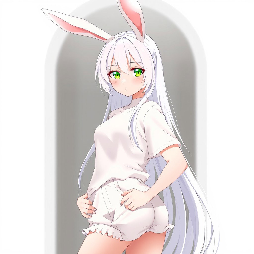 An anime girl with strikingly bright white long hair cascading down her back, adorned with long, elegant white bunny ears perched atop her head