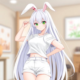 An anime girl with strikingly bright white long hair cascading down her back, adorned with long, elegant white bunny ears perched atop her head