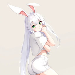 An anime girl with strikingly bright white long hair cascading down her back, adorned with long, elegant white bunny ears perched atop her head