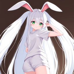 An anime girl with strikingly bright white long hair cascading down her back, adorned with long, elegant white bunny ears perched atop her head