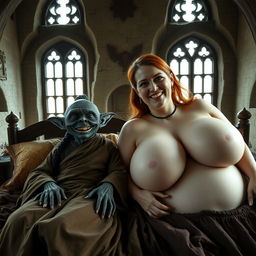 Two figures lounging on a double medieval bed within an ancient castle featuring old-style windows