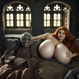 Two figures lying on a double medieval bed in an ancient castle adorned with traditional windows