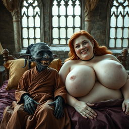 Two figures lying on a double medieval bed in an ancient castle with historical windows