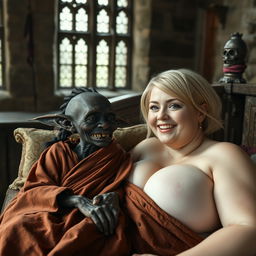 In a large medieval bed within a medieval room adorned with ancient windows, lies a tiny, elderly African female goblin, her skin very dark and her body frail