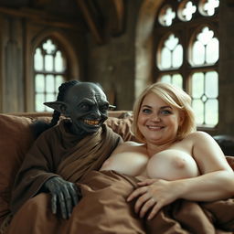 In a large medieval bed within a medieval room adorned with ancient windows, lies a tiny, malevolent elderly African female goblin