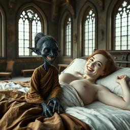 A captivating medieval scene depicting a large bed situated in a grand chamber with ancient windows