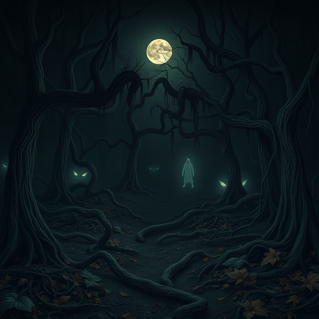 A chilling and eerie maze set in a dark, foggy forest under a full moon