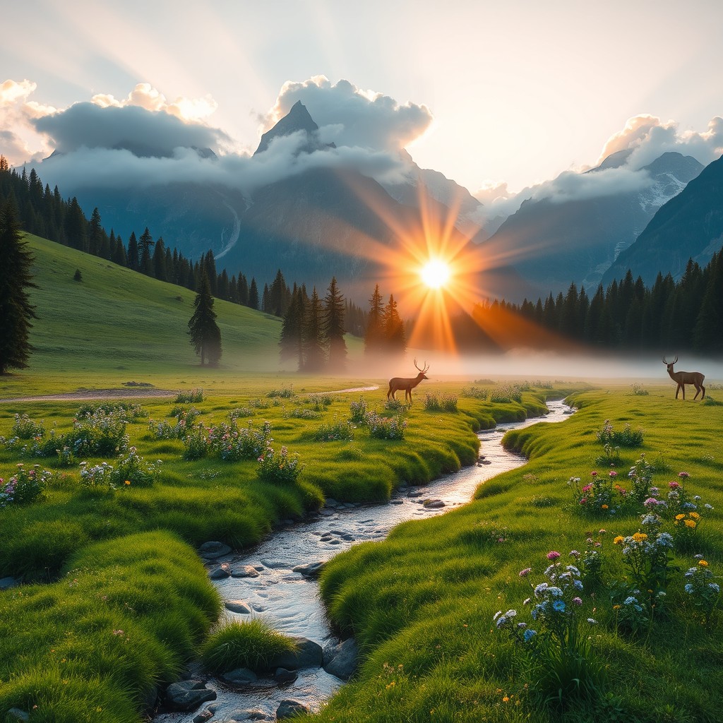 A serene and picturesque landscape featuring a lush green meadow during sunrise, golden rays of sunlight piercing through the mist, with wildflowers blooming vibrantly in various colors